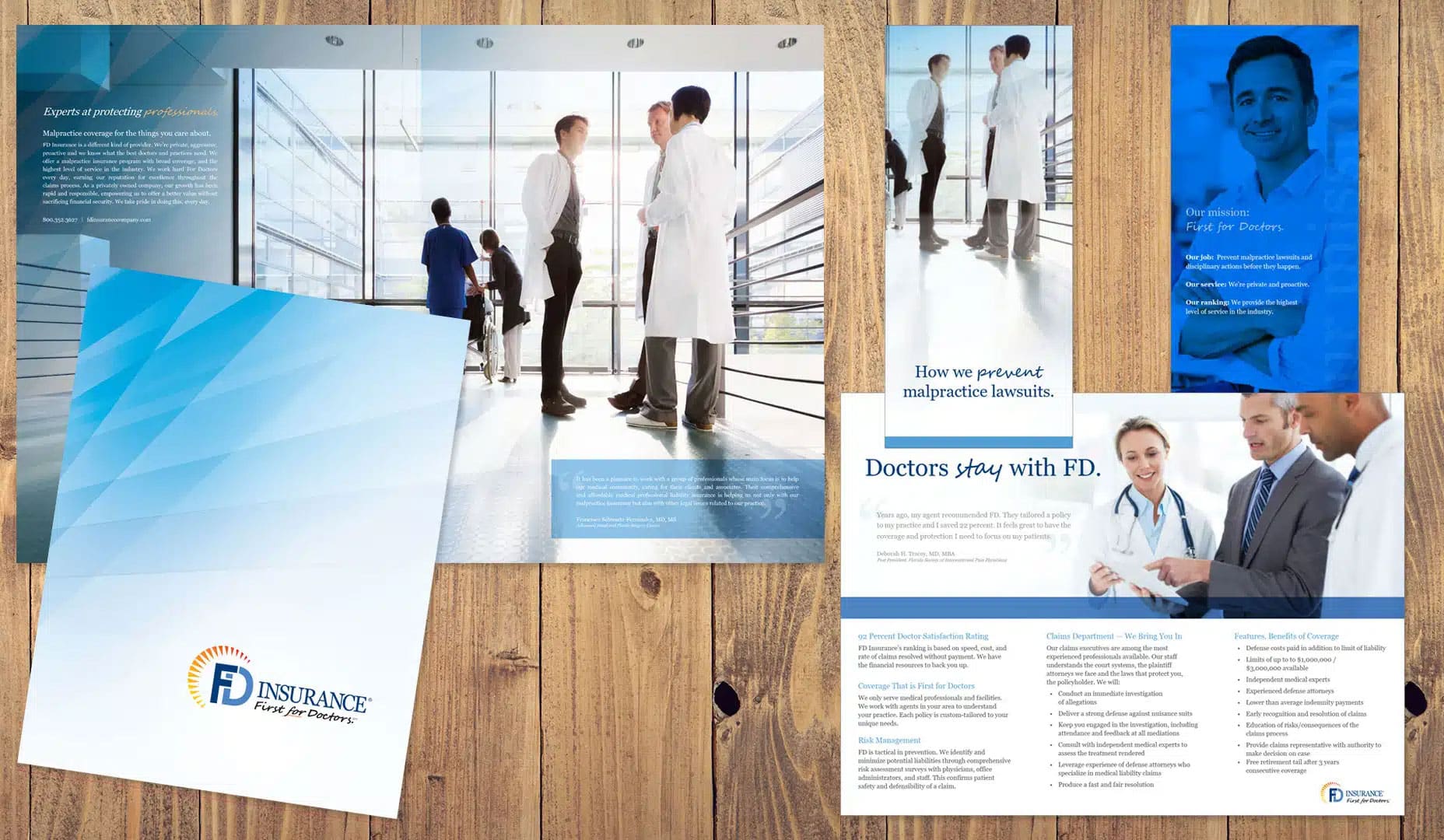 Preview image of the FD Insurance collateral that we designed for our client. This includes a pocket folder and tri-fold brochure.